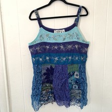 Vtg Caite Womens 1X Tank Top Fairy Whimsy Festival Lace Celestial Blue Parchwork picture