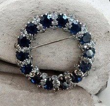 Vintage Weiss Sapphire Blue Rhinestone Wreath Brooch Pin Premier Costume Jewelry picture