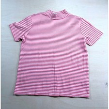 Vintage Basic Editions Pink White Striped Mock Neck Ribbed Knit Top Medium picture