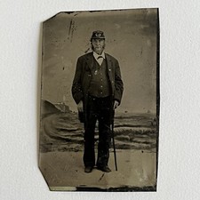 Antique Tintype Photograph Mature Man Civil War Veteran Kepi Cane GAR Metal picture