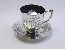 Antique HOMAN Silver Plate Co Floral Engraved MUSTACHE CUP & Saucer Set #2002  picture