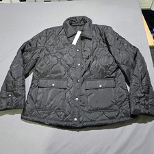 Chico's Nylon Quilted Jacket Women Size 2 large Black Floral Lined Snap Front picture