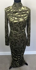 Belle Badgley Mischka$279 NWT 2/4 Kendall Velvet Burnout Ruched Midi Dress OLIVE picture