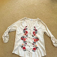 Women’s White Floral Embroidered Woven Cotton V-Neck 3/4 Sleeve Blouse M picture