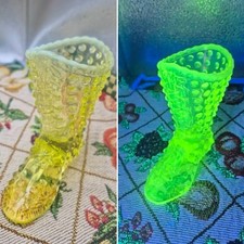 Fenton Yellow Topaz Opalescent Vaseline Glass Boot RARE Hobnail Uranium Shoe VTG picture