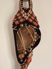 Vintage Janet Designs Guatemala Macrame Wall Hanging Agate Stone Fiber Art Boho picture