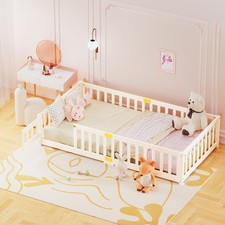 SUNYRISY Toddler Floor Bed Twin/Full Size Wooden Bed Frame with Guardrails picture