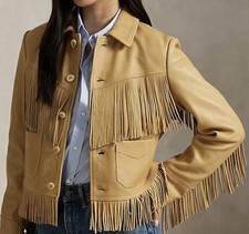 Women's Vintage Lambskin Leather Jacket 100% Real brown Latest Fringe Jacket picture
