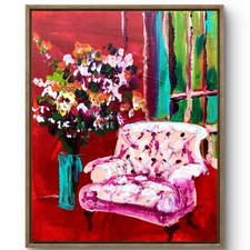 TITA PAINTZ Pink Tufted Chair With Flowers Hand Painted Wall Art 8x10 Canvas picture
