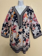 *JM Collection Woman Plus 3X Floral Tunic Top V-Neck 3/4 Sleeve Navy Pink Coral picture