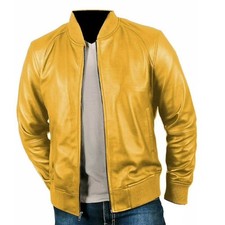 Men's Causal Wear Biker Stylish Yellow Real Leather Jacket - ALL BIG SIZES picture
