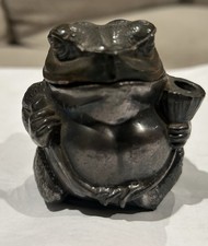Antique Austrian Bronze Frog Ink Well With Original Glass Toad Smoking Pipe #613 picture