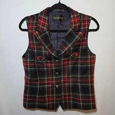 Vintage Giorgio Sant'Angelo New Wool Red Holiday Plaid Vest Gold Tone Button, S picture