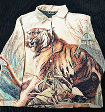 Rebel vengeance Men's Tiger Graphic Print Long Sleeve Button-Up Shirt Beige L picture