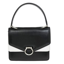 CELINE Logo Double Flap Hand Bag Leather Black White Italy 80KD973 picture