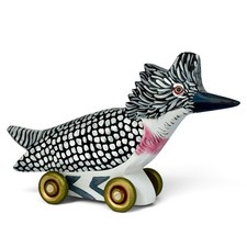 Dona Dalton #39 Crested Kingfisher Signed Folk Art Wood Carved Bird on Wheels picture