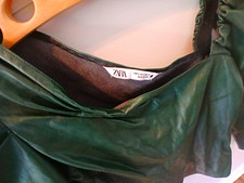 Zara Women’s Green Faux Leather Ruched Cowl Neck Long Sleeve Blouse Size S picture