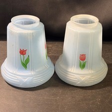 Vintage Frosted Blue Glass Lamp Shades Set of 2 Hand Painted Red Tulip 2.25 In picture