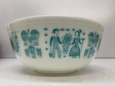 Vtg Pyrex #404 Turquoise White Amish Butterprint 4qt Mixing Bowl Butter Print picture