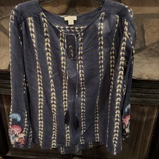 Sundance M 100% Linen Blue Peasant Tie Dye Top Floral Embroidered Tassel Boho picture