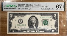 2017A $2 San Francisco Federal Reserve Note PMG 67 EPQ Fancy Radar Serial Number picture