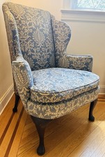 Vintage Kittinger Wingback Chair Blue Damask Queen Anne Original Down Cushion picture