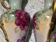 Antique Pair Hand Painted Porcelain Ewers Vases Pink Roses Gold Gilt Signed Youn picture