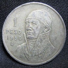 1950 30% Silver Mexican 1 Peso - JOSE MARIA MORELOS ROUND MEXICO BULLION COIN picture