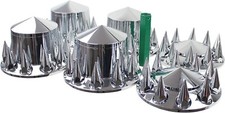 33mm Chrome Hub Caps Cover Semi Truck 2 Front & 4 Rear Spiked Axle Wheel Covers picture