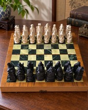 VTG Chinese Asian Figural Chess Set 32pc Stone Resin Marble Board 16in picture