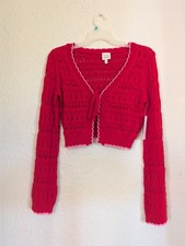 Derek Heart Pink & White Tie Cropped Cotton Knit Cardigan Sweater Juniors L New picture