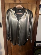 vintage DISCO 90’s YOU NIQUE silver METALLIC polyester SHINY BLOUSE Women’s sz M picture