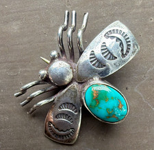 Sterling Royston Turquoise  Navajo Hand stamped Insect Brooch Pin Moon/Sunset picture