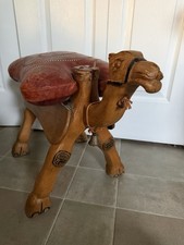 Vintage Hand Carved Wood Camel Saddle Stool Brown Leather Ottoman Brass Accents picture
