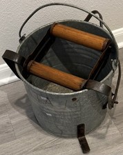 VTG 1920's Antique EAGLE Wash Bucket Galvanized Metal Mop Wringer Wood Rollers picture