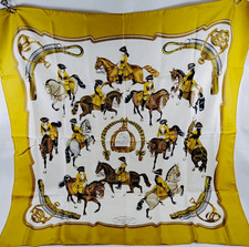 HERMÈS Silk Satin Square Scarf Yellow White Equestrian Horse Logo Accent picture