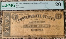 T-12 1861 Confederate States of America $5 Bill - PMG VF20 - Rare Note picture