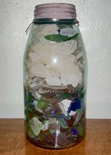 Vntg Aqua Ball Mason 1/2 Gallon Canning Jar w/ 5 lbs. Beach Glass Surf Tumbled. picture