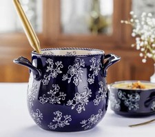 TEMPTATIONS BLUE FLORAL LACE UTENSIL CROCK SOUP POT PLANTER DOUBLE HANDLE NEW picture