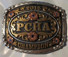 Kathy's Sterling Silver, Bronze 2015 PCHA CHAMPION Horse Jumping Belt Buckle 93g picture