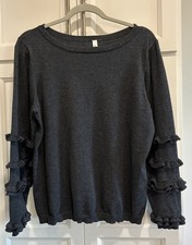 NY Collection Women's Gray Ruffled Sleeve Knit Sweater Top Size M/L Rayon Blend picture