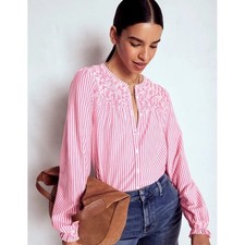 Boden Elsa Smocked Yoke Jersey Shirt-Pink Ribbon Stripe Button down top size 10 picture