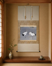Vintage Original Japanese Hanging Scroll Three Red-Crowned Crane Pine Double Box picture