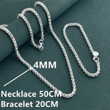925 Sterling Silver Round Box Chain Necklace Bracelet Jewelry Set for Men Women picture