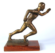 Bronze Runner Sculpture Vintage Midcentury Track Athlete in Mid Stride Statue picture