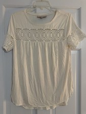 NWT Ann Taylor LOFT Ivory Embroidered T-Shirt Women's S picture