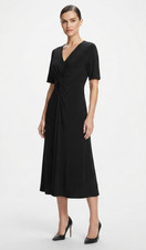 NWT Sharagano Womens Very Black V-Neck Short Sleeve Twist Front Midi Dress Sz 8 picture