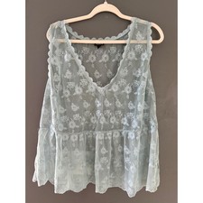 Torrid Womens Sage Green Floral Embroidered Sheer Mesh Babydoll Top Size 1 XL picture