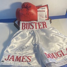 JAMES “BUSTER” DOUGLAS SIGNED AUTOGRAPH  glove witness JSA & trunks MAB sticker picture