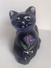 Fenton Cobalt Blue-Laying Down-Cat Figure-Pretty HP Tulip-Signed D Bailer (?) picture